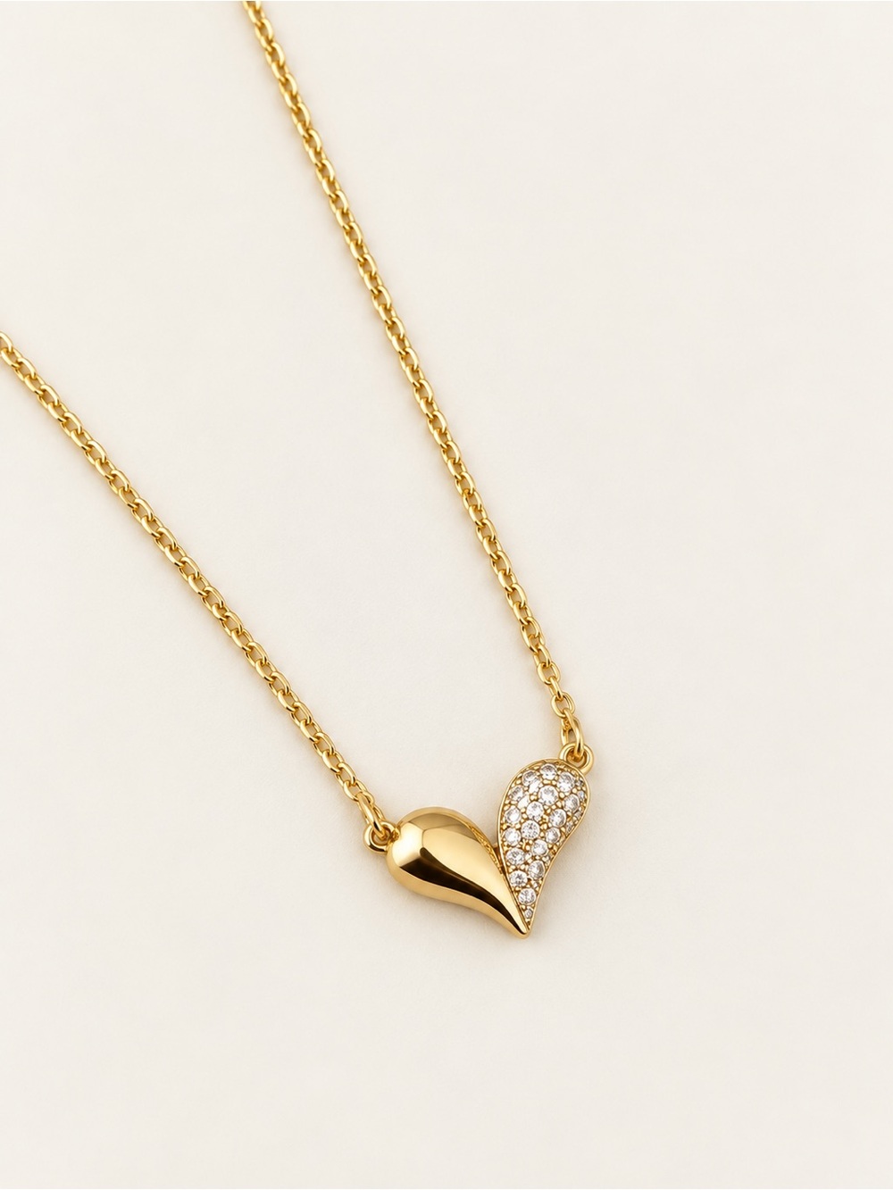 14K Gold Plated Zircon Heart Necklace Pavé Asymmetrical Pendant Adjustable